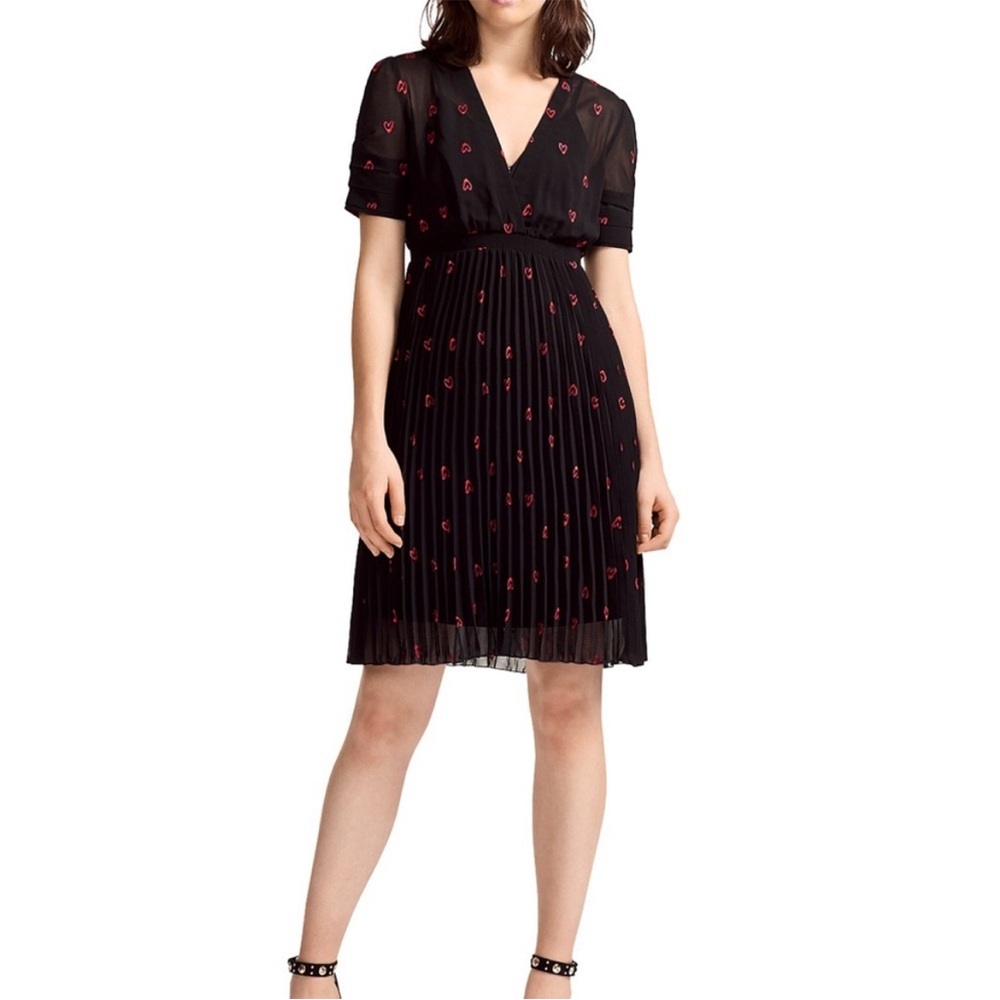 Maje Rengia Sheer Black Dress with Red Hearts Pleated Romantic Juliet